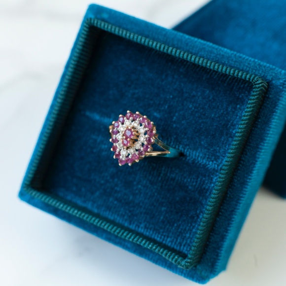 Cluster Tear Drop Ruby and Diamond Gold, 14K Size 7 Yellow Vintage Gold Ring - Picture 1 of 7